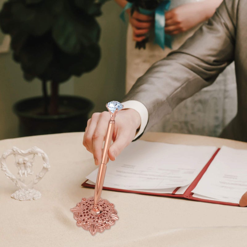 RUTICH Hollow Round Pen Holder Signing Pen Set with Big Diamond Crystal Pen for Wedding Bridal Opening Ceremony Graduation Office, Rose Gold(Black Ink) - Image 5